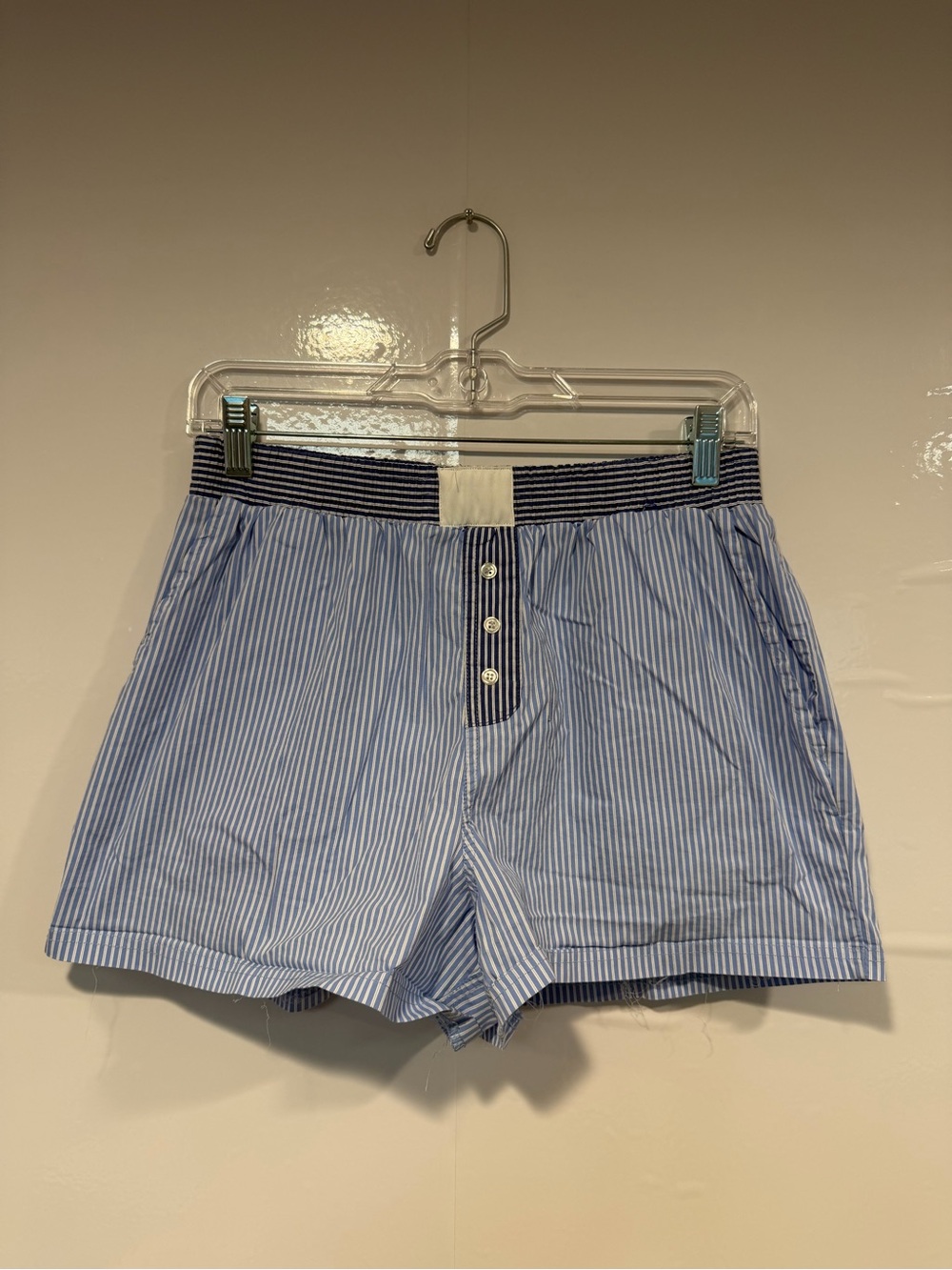 Pink Rose Womens Light Blue Striped Boxer Shorts Elastic Waist Pockets Medium